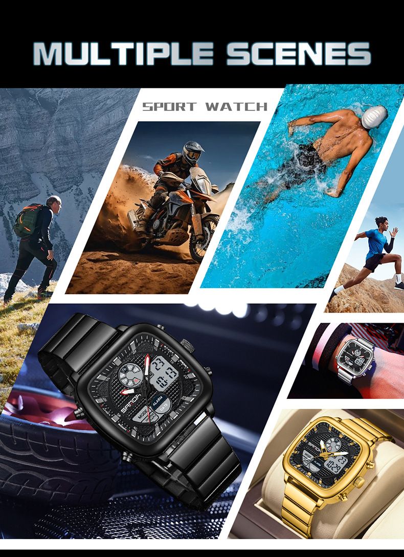 Digitaal analoog quartzhorloge voor heren met dubbel uurwerk, waterdicht, lichtgevend, roestvrijstalen band, alarm, stopwatch, dag-datumweergave_voghion.com
