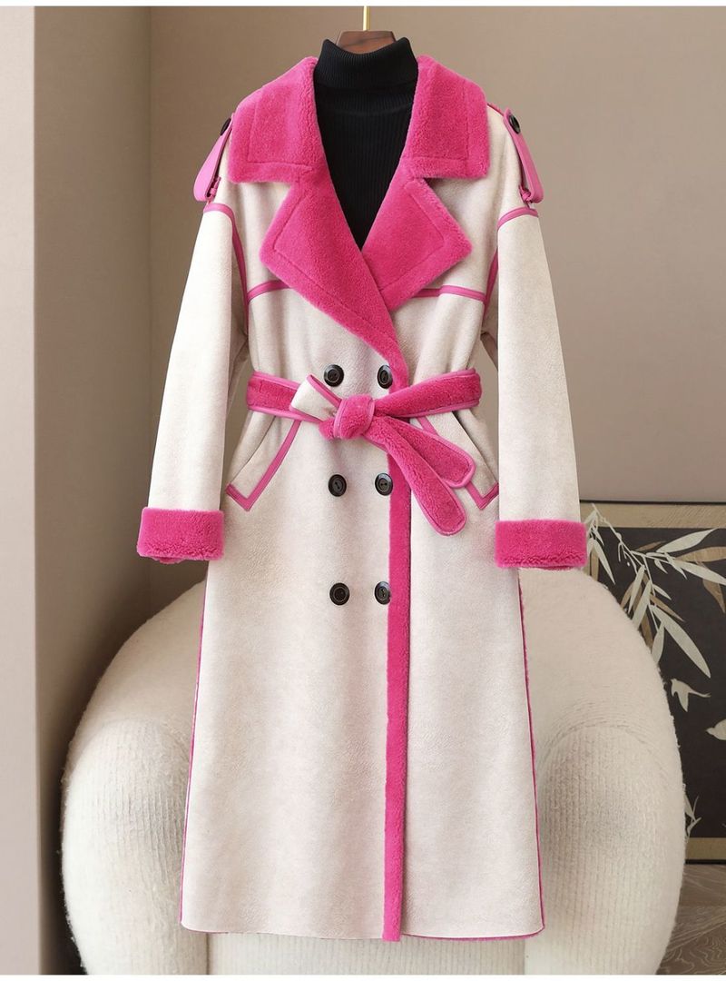 Women's Long Wool Blend Trench Coat With Contrast Color Detailing - Elegant Belted Office Wear For Spring & Autumn_voghion.com