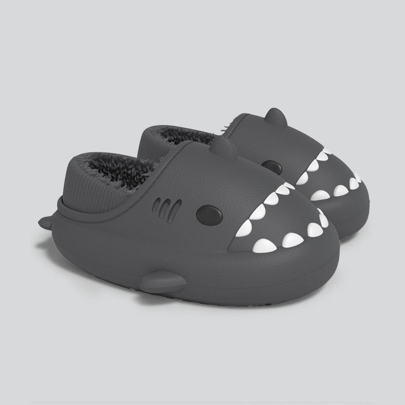 MTX Couple Shark Femmes Hiver EVA Semelle Souple Doublé Polaire Chaud Fourrure Pour Hommes Imperméable Parent-Enfant Coton Chaussons_voghion.com