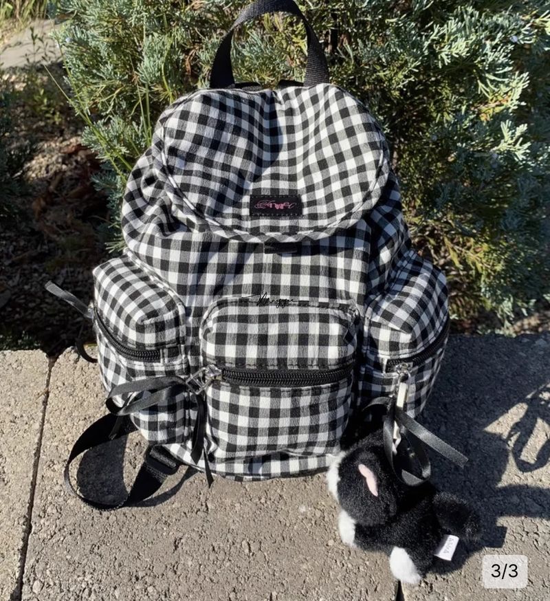 Checkered Women's Large Capacity Bow Backpack Multifunctional Casual Nylon School Bag 2025 New_voghion.com