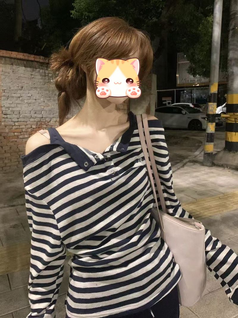 ragazza lo adoro così tanto! Pure Desire Maglietta a maniche lunghe delicata in stile coreano con spalle scoperte per donna INS Super popolare all'inizio_voghion.com