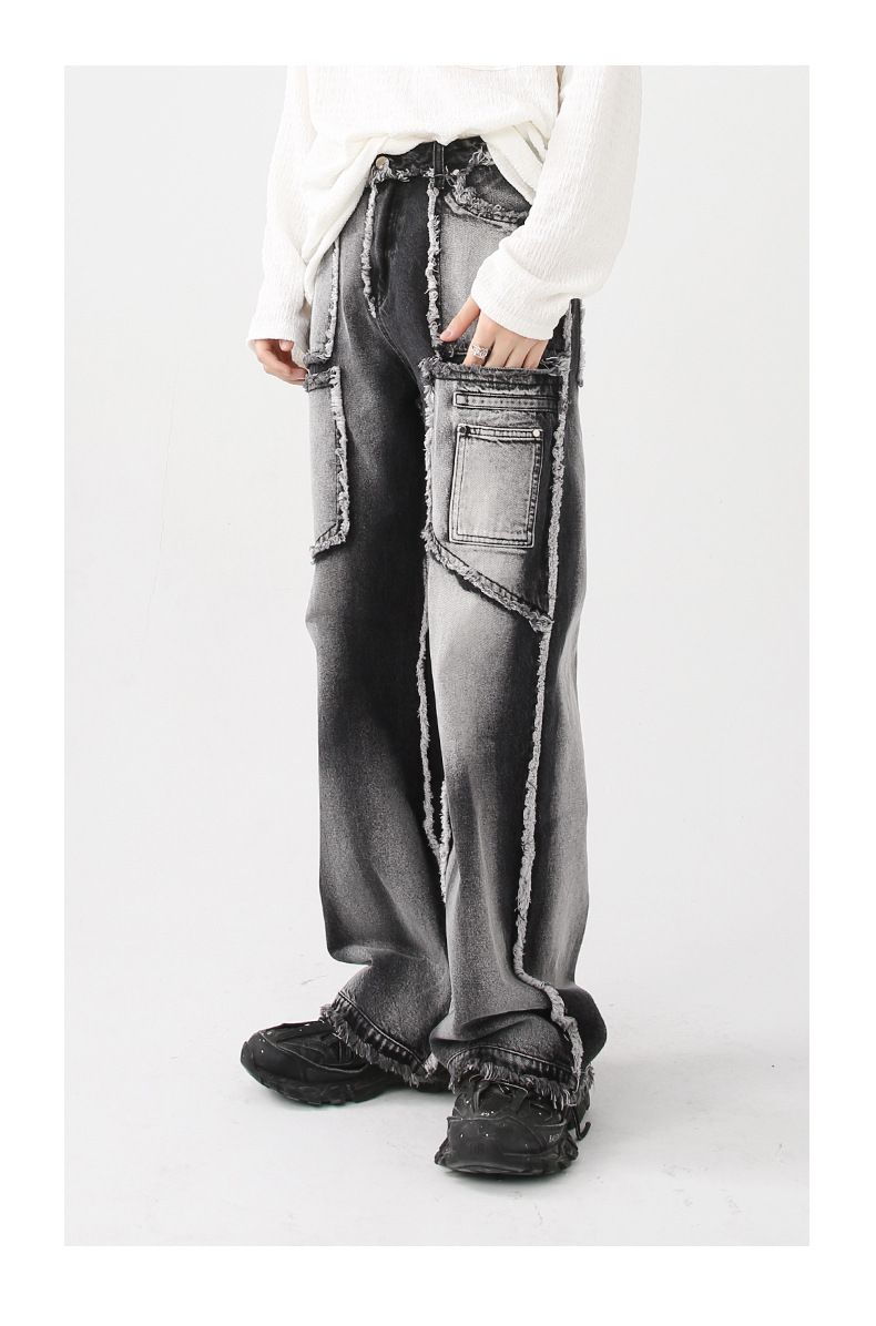 Herrenbekleidung Herbst Neuankömmlinge Retro Distressed Washed Raw Edge Straight Leg Jeans_voghion.com