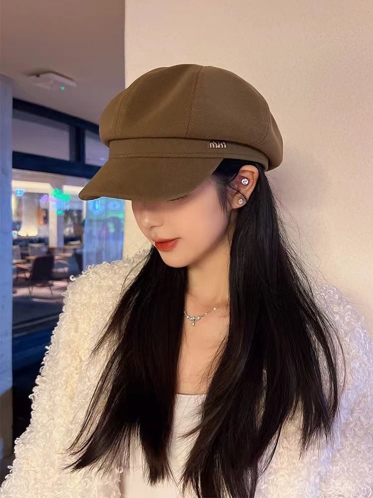 Nuovo berretto da donna, autunno e inverno, snellente, a becco d'anatra, grande circonferenza della testa ottagonale, stile francese,_voghion.com