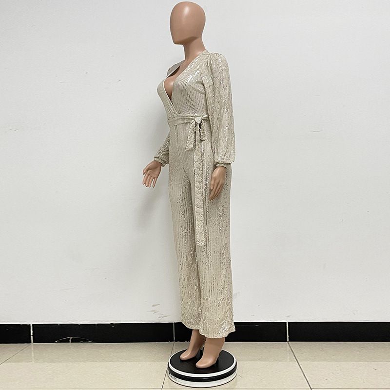 Damkläder Ins Style Deep V Mode Casual Jumpsuit Långärmat Bälte Paljett Jumpsuit Dam_voghion.com