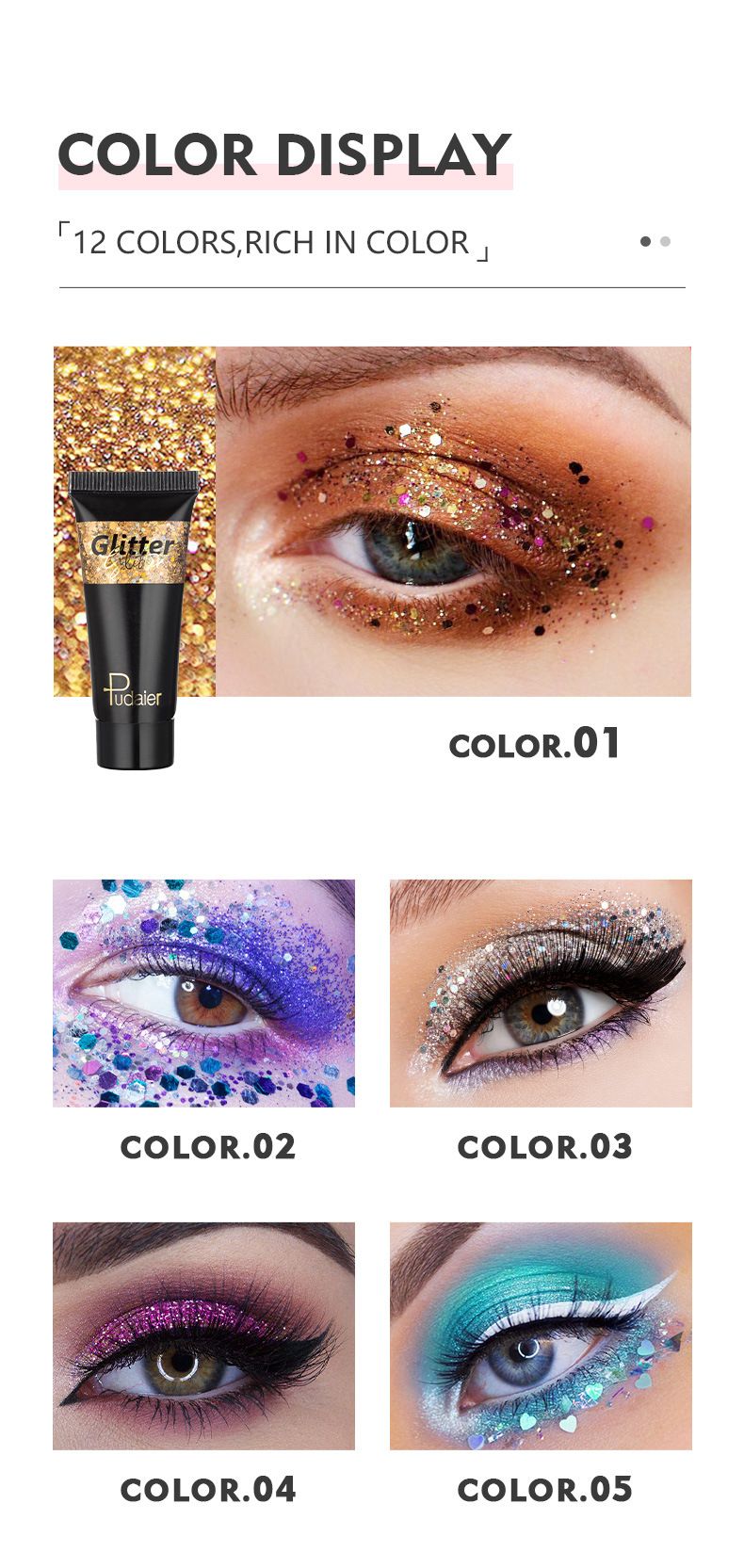 Pudaier Ombretto Liquido Lucido Monocolore Trucco da Palco Viso Corpo Glitter 12 Colori Ombretto Liquido Scintillante Luccicante_voghion.com