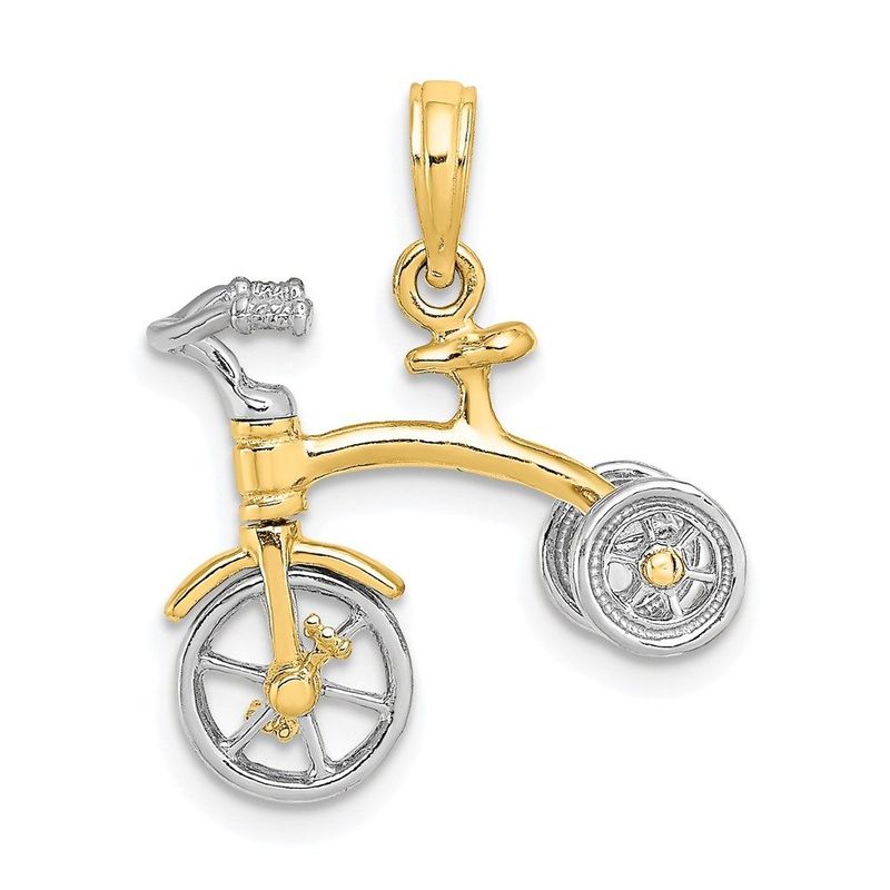 14k Two-tone 3-D Tricycle W/ Moveable Handlebars And Wheels Charm_voghion.com