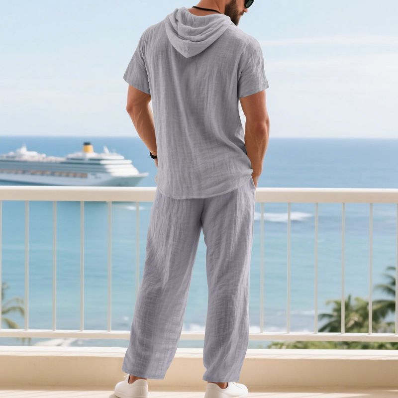 Pantaloni da uomo in lino casual, larghi, semplici, con cappuccio, a maniche corte, stile americano, stile transfrontaliero europeo e americano._voghion.com
