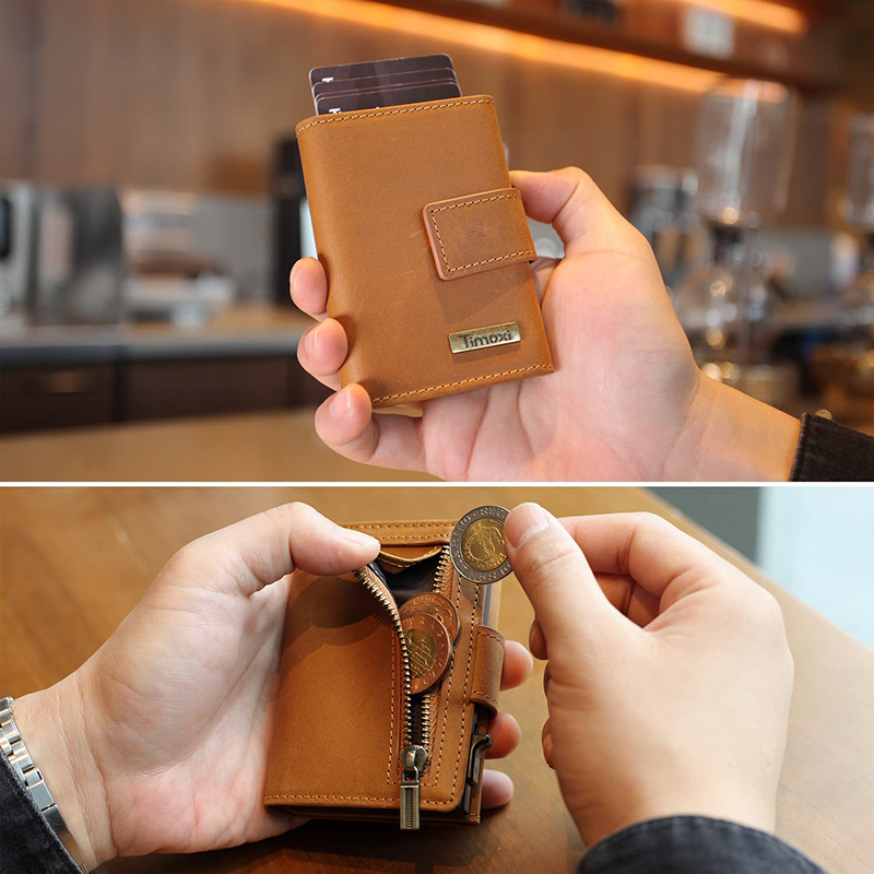 Kreditkaart Case Mini Portemonnaie mat Zip Mënz Portemonnaie Männer RFID Schutz Echt Lieder Kaart Portemonnaie Kleng Aluminium Kaart_voghion.com