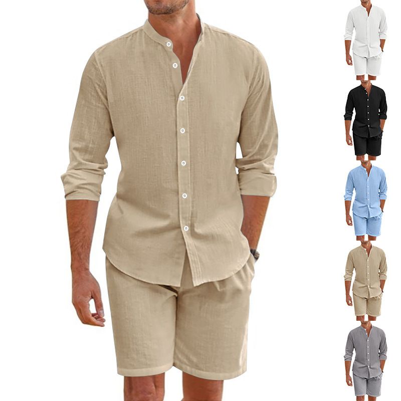 Adatto a tutte le stagioni, camicia da uomo in lino con bottoni, pantaloncini a maniche lunghe, cardigan, semplice e casual, completo da spiaggia._voghion.com