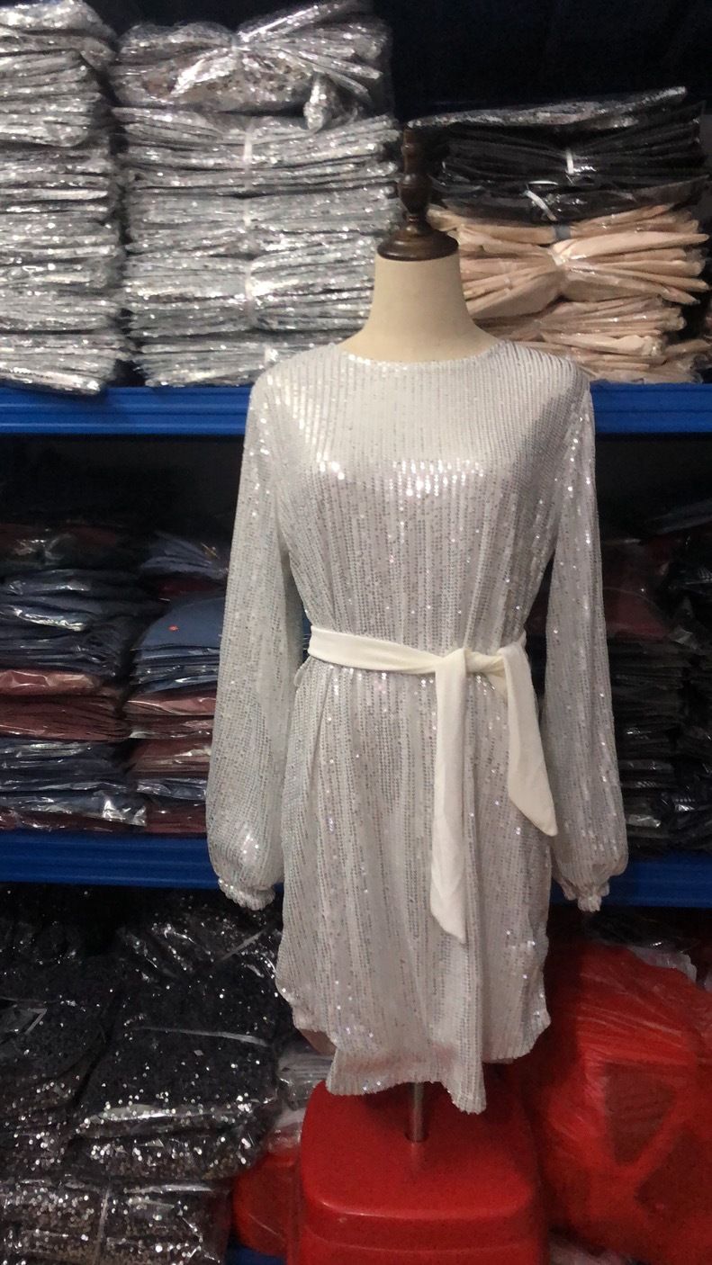 Women's Clothing Autumn Slim Lantern Sleeve Round Neck Belt Sequin Dress_voghion.com