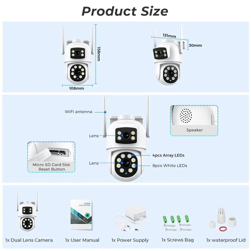 4K 8MP PTZ WIFI Lens Dual Screen 4X Digitale Zoom IP Camera 4MP HD Auto Tracking Outdoor CCTV Surveillance iCSee App_voghion.com