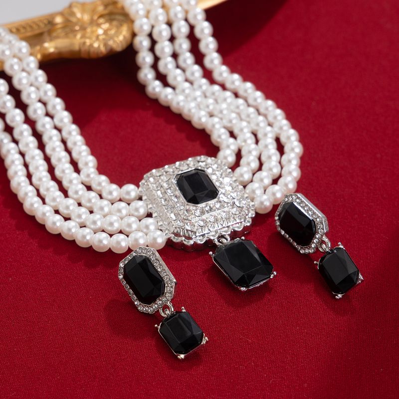 Retro square full diamond gem pearl choker necklace temperament French multi layer necklace_voghion.com