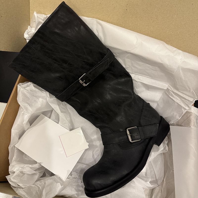 Rindsleder-Version ~ Koreanischer Stil, breite Schuhe aus echtem Leder, Sohle, hoher Flor, dicker Absatz, lange Röhren-Ritterstiefel für Damen_voghion.com