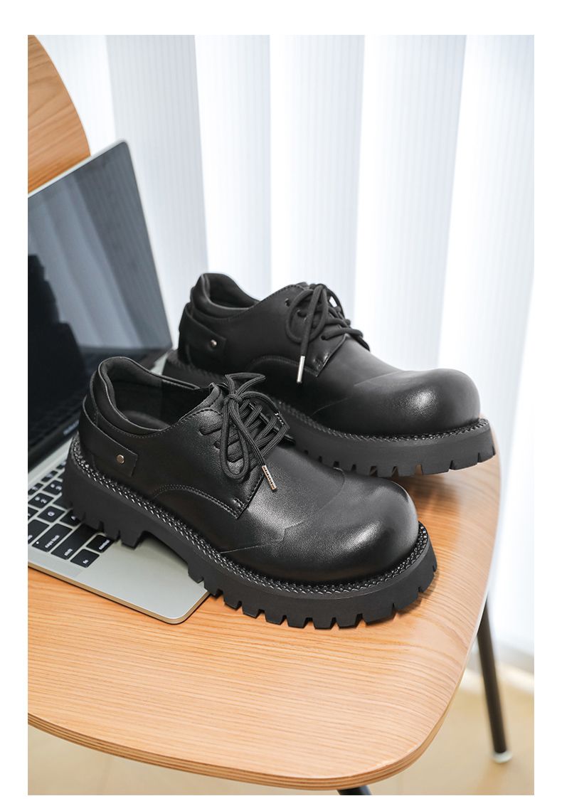 Derby-Schuhe für Herren mit dicker Sohle, schick, echt, lässig, großer Kopf, extra hoch, schwarze kleine Lederschuhe, Damen, britische runde Zehenpartie_voghion.com