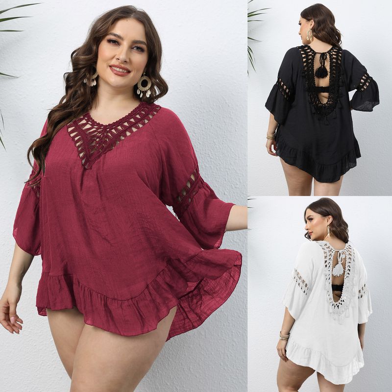 Beach Series Plus Size Women's Hand Hooked Patchwork Sexy Open Back Ruffle Short Beach Blouse_voghion.com