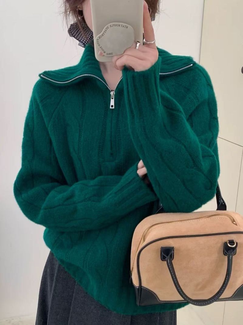 Einzigartiges Design, Umlegekragen, Halbreißverschluss, Strickpullover für Damen, verdickter Langarm-Wollpullover, lässige Oberbekleidung_voghion.com