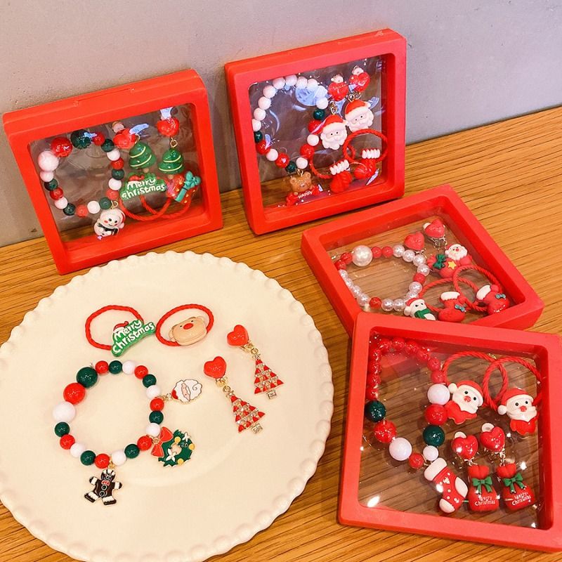 Christmas Jewelry Set For Kids, Festive Beaded Bracelet & Ring Sets With Santa, Snowman & Tree Charms In Red Gift Boxes, Holiday Gift & Party Favor Je_voghion.com
