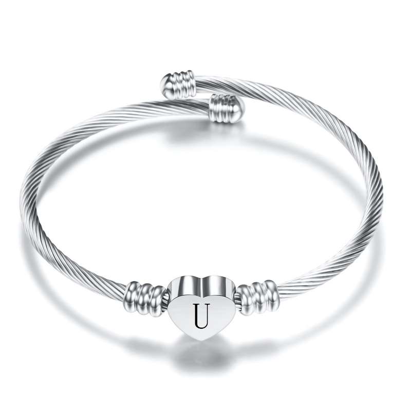 Initial Letter Cuff Bracelets Silver Heart Bangle Bracelet for Women English Alphabet A-Z Girls Birthday Jewelry_voghion.com