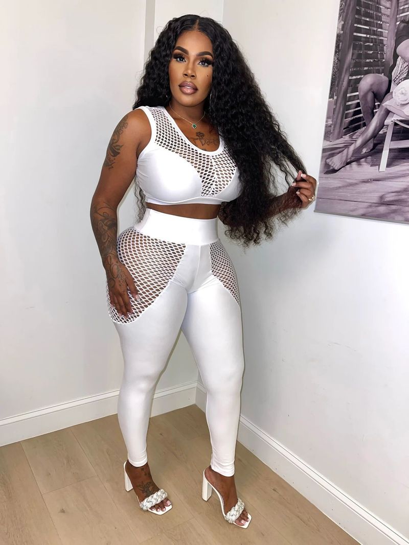 Women'S hollow mesh see-through sexy suit mesh patchwork vest and trousers two-piece set for women_voghion.com