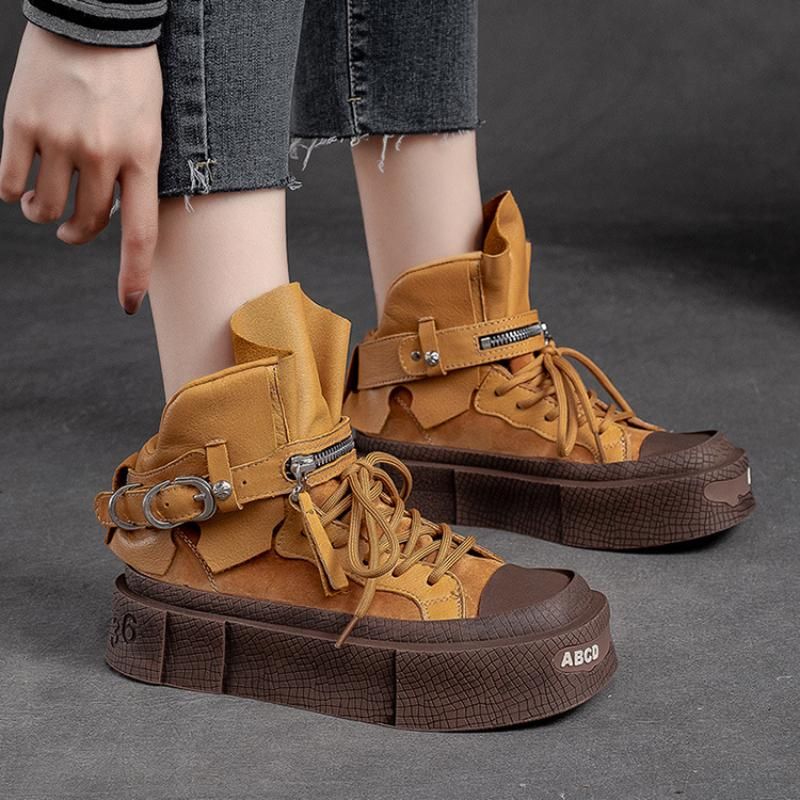 Johnature Retro Echt Lieder Kuerz Stiwwelen Damen Villsäiteg Déck Sohle Schnür-Flaach Plattform Schong_voghion.com