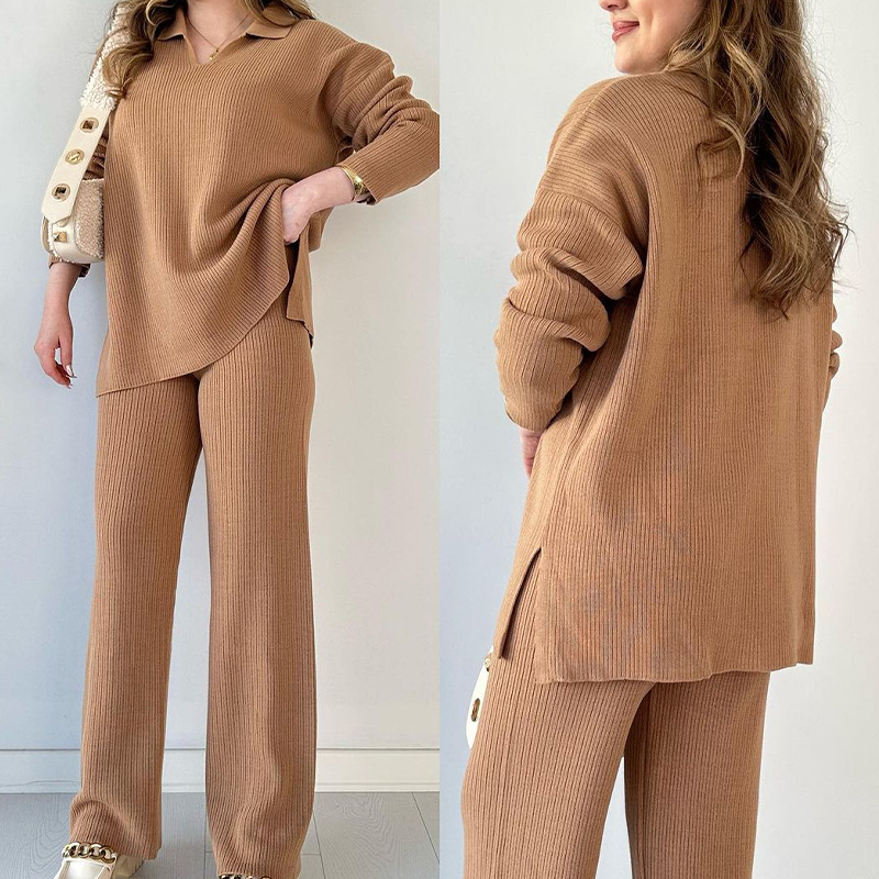 Moda feminina cor sólida bainha solta suéter com fenda conjunto de duas peças para mulher_voghion.com