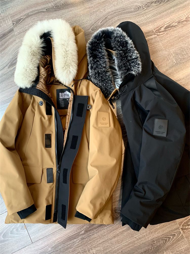 Negozio di abbigliamento maschile 2K+ 90 giacca in seta e cotone con cappuccio in pelliccia di volpe invernale da uomo, calda e spessa, tinta unita, casual_voghion.com