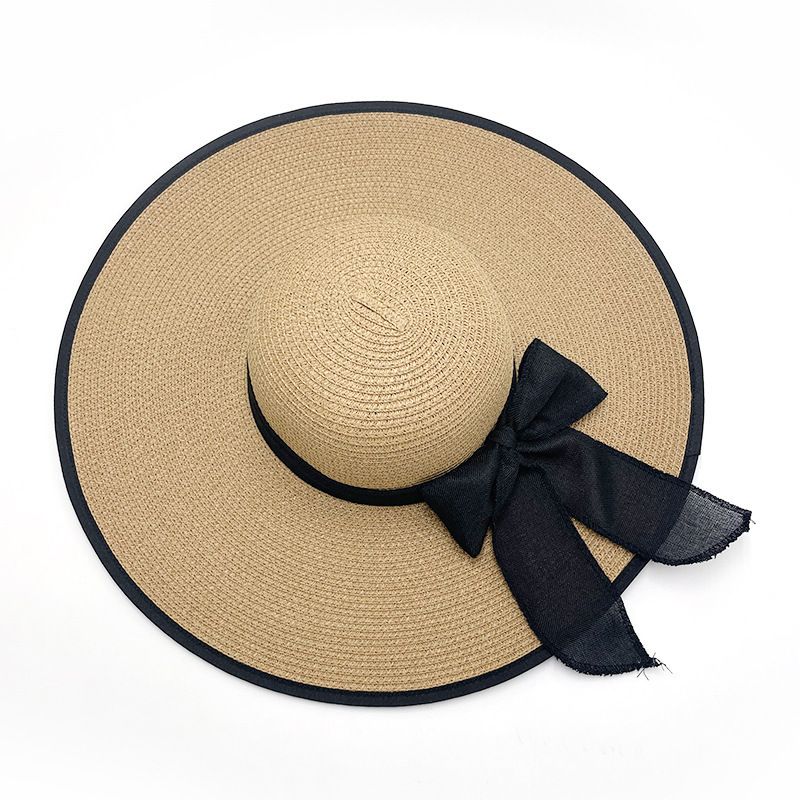 Elegante cappello da sole pieghevole con tesa oversize da donna, cappello di paglia per le vacanze al mare, cappello da sole con fiocco e cupola_voghion.com