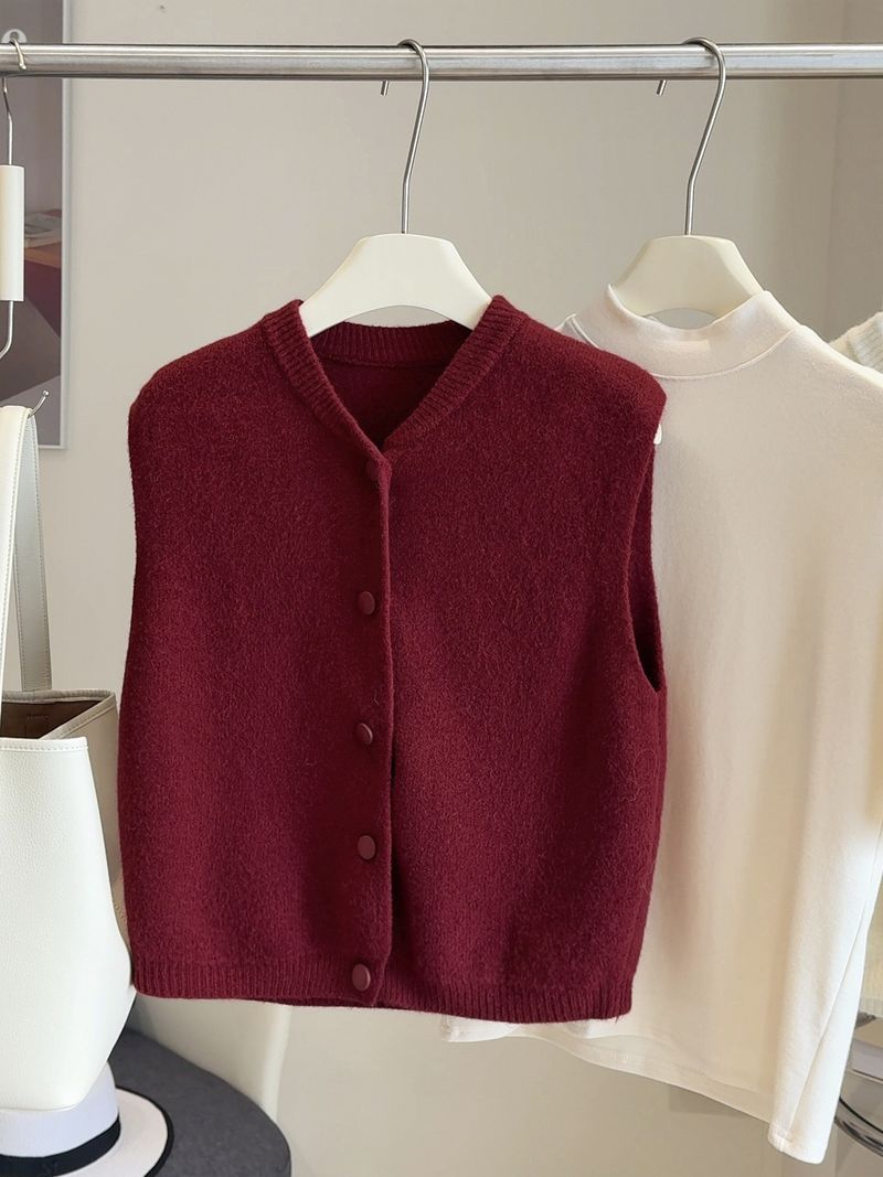 Single-Breasted Knitted Vest For Women, Autumn And Winter New Loose Slimming Soft Sweater, Layered Outerwear, Sleeveless_voghion.com