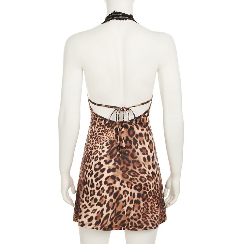 Spring 2025 New Product Mature And Elegant V-neck Open Chest Lace Contrast Animal Pattern Tight Strap Short Skirt_voghion.com