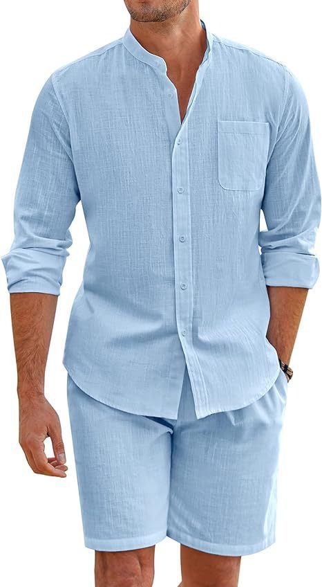 Completo estivo da uomo in due pezzi, in cotone e lino, con comoda camicia abbottonata, pantaloncini a maniche lunghe, cardigan, semplice e casual, abbigliamento da spiaggia_voghion.com