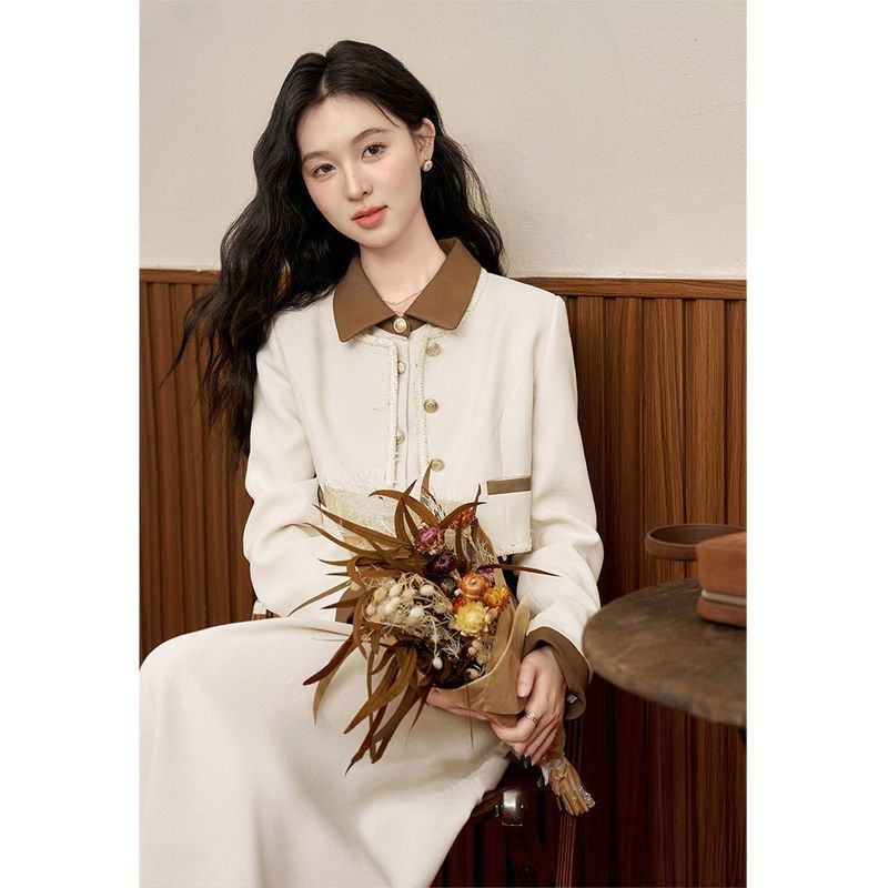 Apricot Waist-Cinching Long Dress + Short Blazer Fashion 2024 Autumn Simple Elegant Two-Piece Set_voghion.com