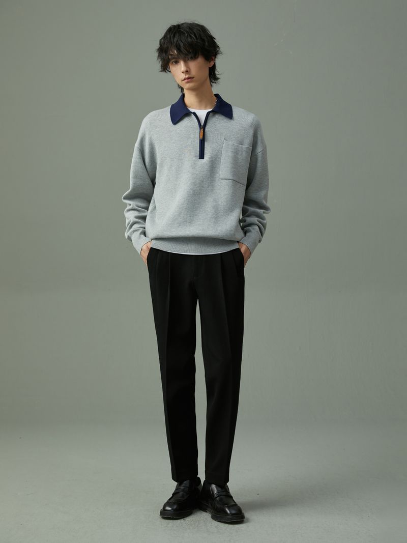 Color Blocking Gestricktes Poloshirt Halboffener Kragen Pullover Langarm Top Herren Herbst Leicht Reifer Stil High-End_voghion.com