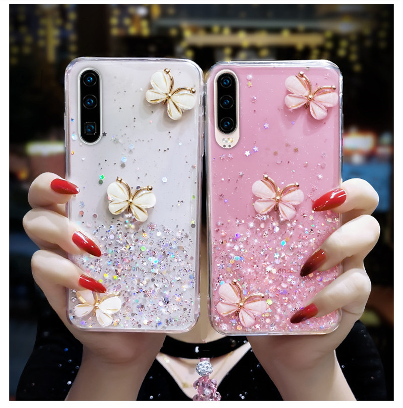 Silikonski ovitek s 3D metulji in bleščicami za Huawei P20 Lite, P30, P40 pro, P50, P9 Lite 2017, p30lite, psmart 2019._voghion.com