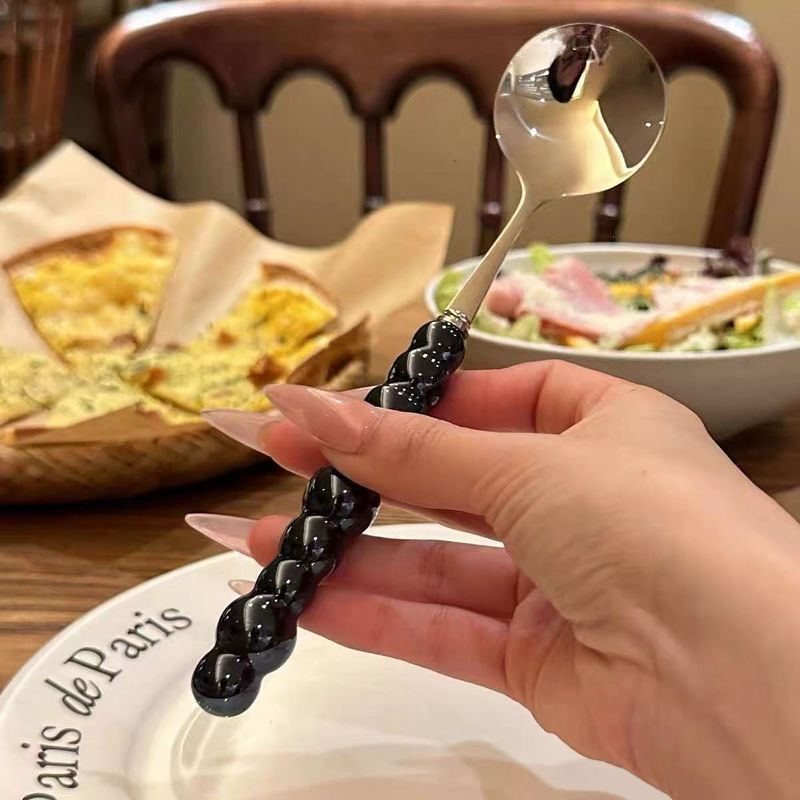 Cucchiaio rotondo con manico lungo, piccolo, per zuppa, per ragazze, in acciaio inossidabile e plastica, per uso domestico, per mangiare_voghion.com
