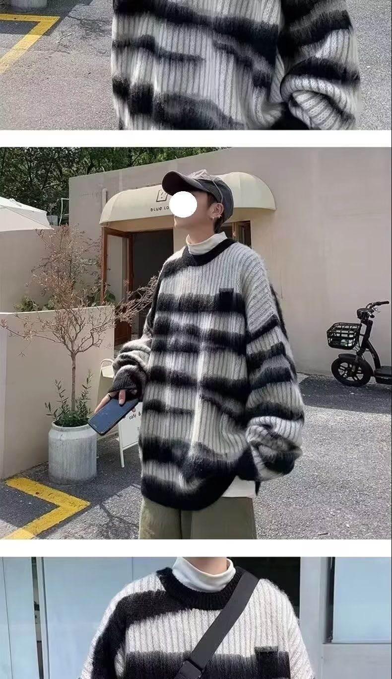 Maglione a righe color-block per uomo, autunno e inverno, stile casual, sensazione di alta qualità, versatile maglia girocollo ampia,_voghion.com