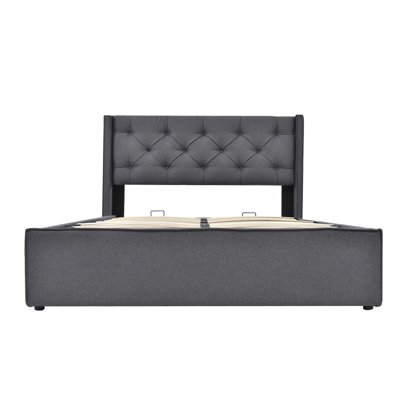 Cadre de lit coffre hydraulique avec sommier à lattes, lit double rembourré moderne 140 x 200 cm, tissu coton, gris, structure en métal_voghion.com