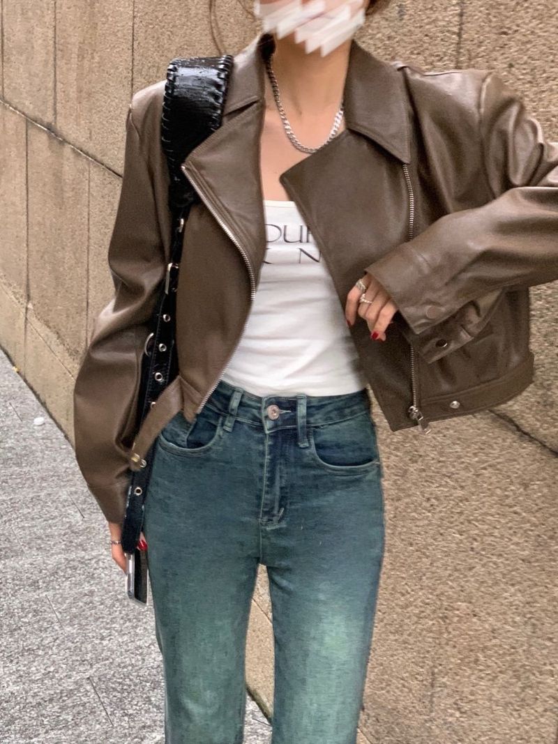 European Style For Women, Fleece-Lined, Autumn New Style, Elegant Turn-Down Collar, Petite Short PU Leather Slimming_voghion.com