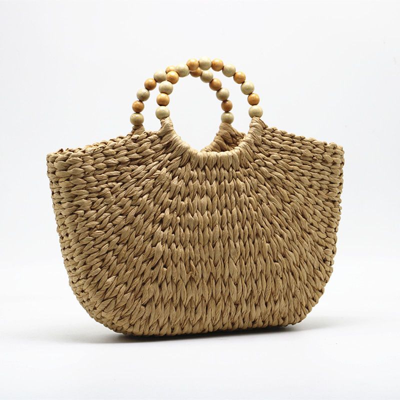 2024 Craft New Wooden Pearl Moon Borsa grande da donna in tessuto di erba da spiaggia di cammello, portatile_voghion.com