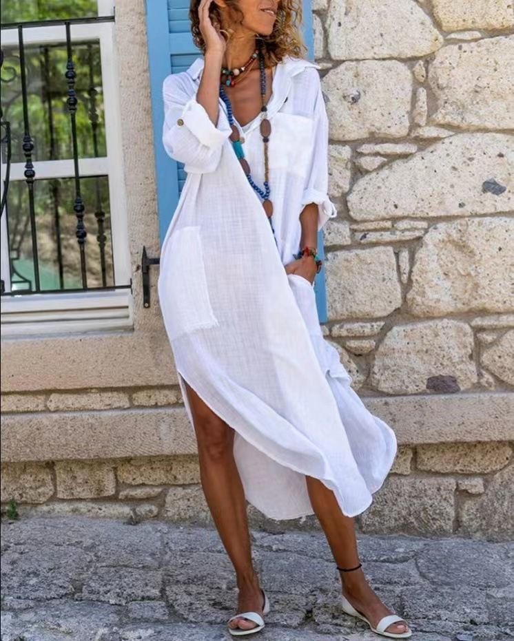 New Solid Color Cotton Linen Slit Loose And Breathable Casual Long Sleeved Shirt, Mid Length Dress_voghion.com