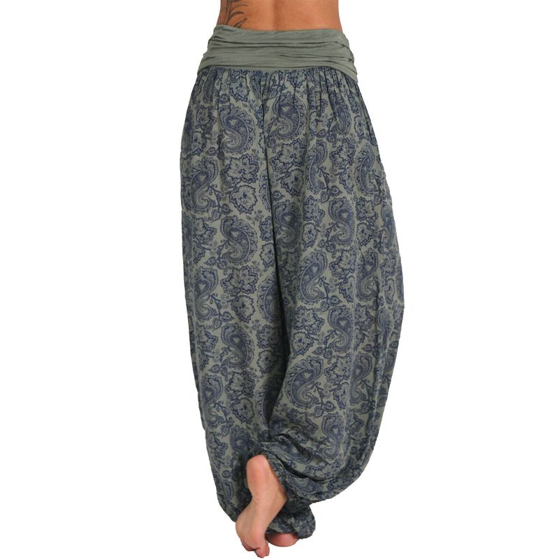 Roupas femininas Impressão digital Calças longas e largas Calças casuais Calças harém_voghion.com