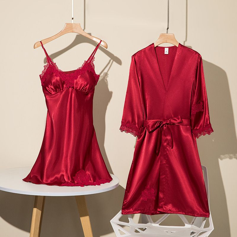 Ondergoed Pyjama's Dames Zomer IJs Zijden Nachthemd Sexy Tweedelig Nachthemd Sling Lente En Herfst Badjas Zijde_voghion.com