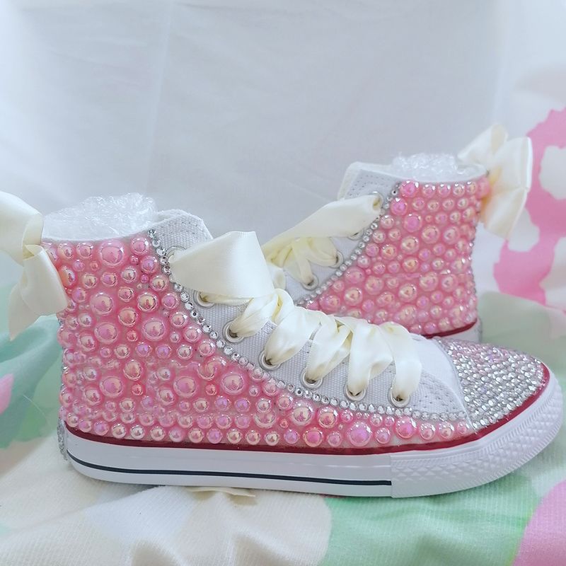 Zapatos de lona hechos a mano con diamantes de imitación Bli para niñas, mujeres, niños y madres, zapatillas de deporte con perlas para fiesta de cumpleaños de niña_voghion.com