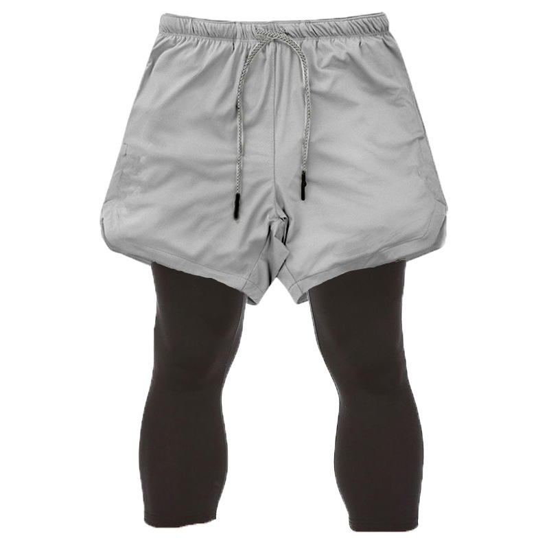 Muscle Fitness Brother Men's Summer Sports Running Fake Two Pieces Double Layer Mesh 7/4 Speed Drying Shorts Light Plate_voghion.com