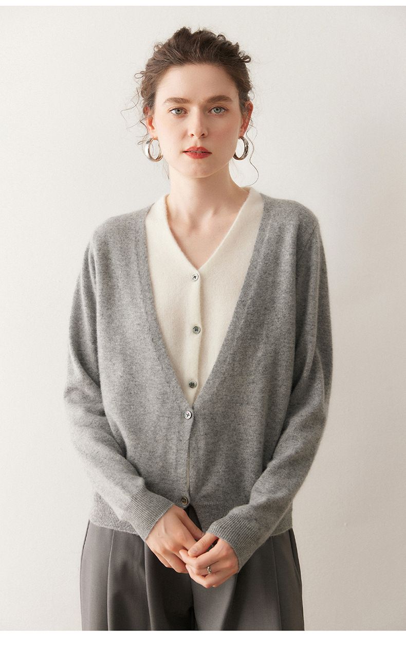 Cardigan tricoté à col en V pour femme, doux et confortable, style français, automne-hiver, pull ample en cachemire_voghion.com