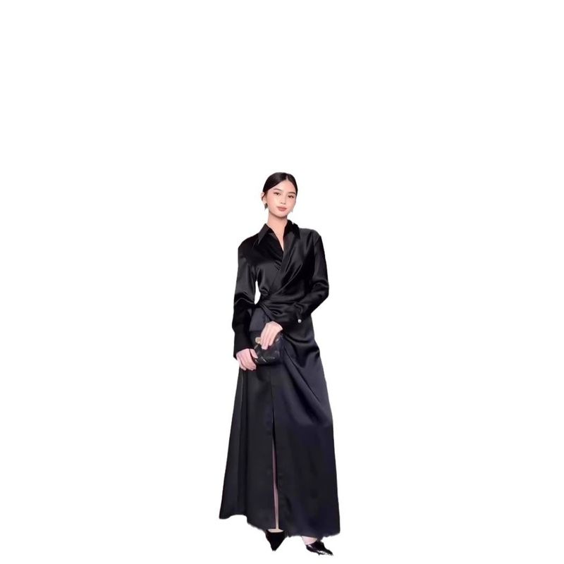 Vestito a vita alta con scollo a V stile snellente alla moda da donna primavera 2025_voghion.com