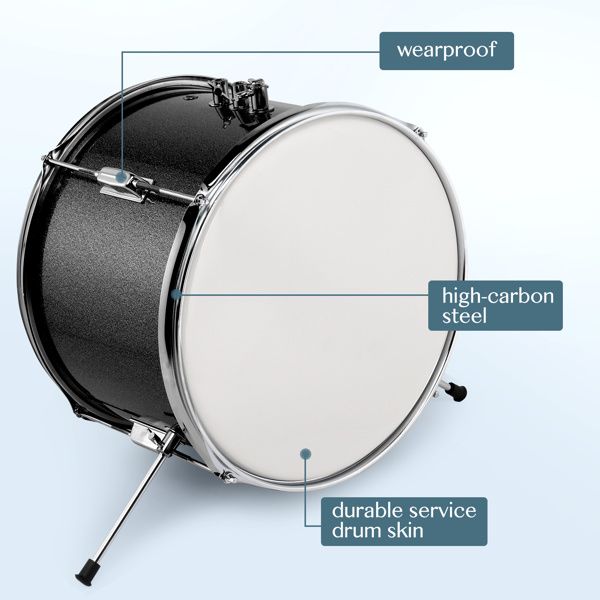 14"x10" 3-Pieces Junior Kids Drum Set Kit Pedal Drum Stick Wrench Drum Stool Black_voghion.com
