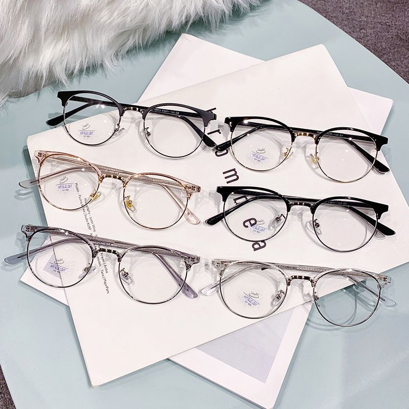 10214 round frame anti blue light glasses, flat lens, non degree glasses semi metal frame, cross mirror_voghion.com