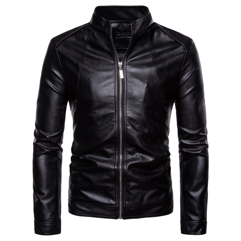EU 2023 Autumn/Winter New Standing Collar Solid Men's Motorcycle Leather Coat Leather Jacket _voghion.com