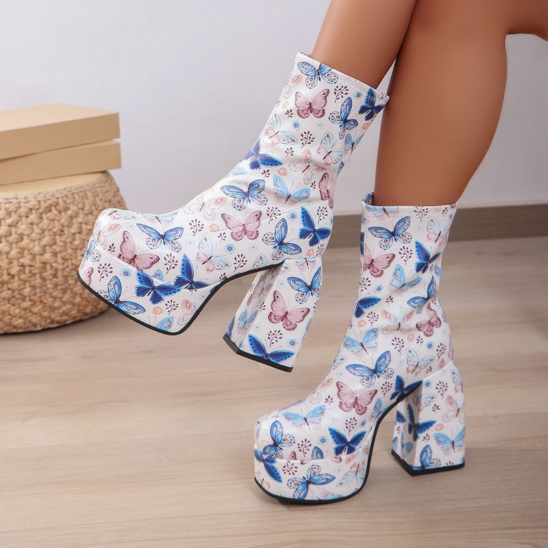 Women's Chunky Heel Pumps denim short boots women's square head waterproof platform high heel fashionable thick bottom women's boots_voghion.com