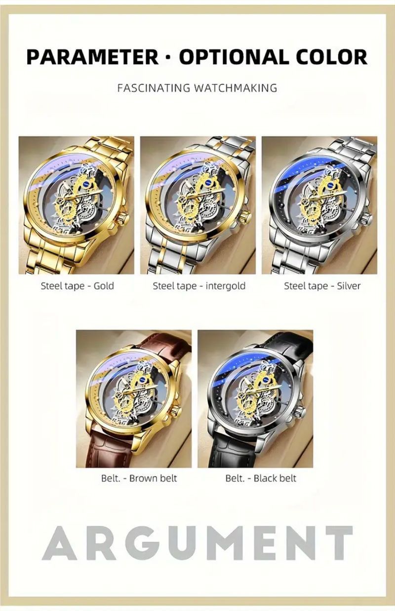 Men's Stainless Steel Skeleton Automatic Watch With Luminous Hands, Water Resistant 30M, Round Dial, Mineral Glass, Fashion Casual Dress Watch_voghion.com